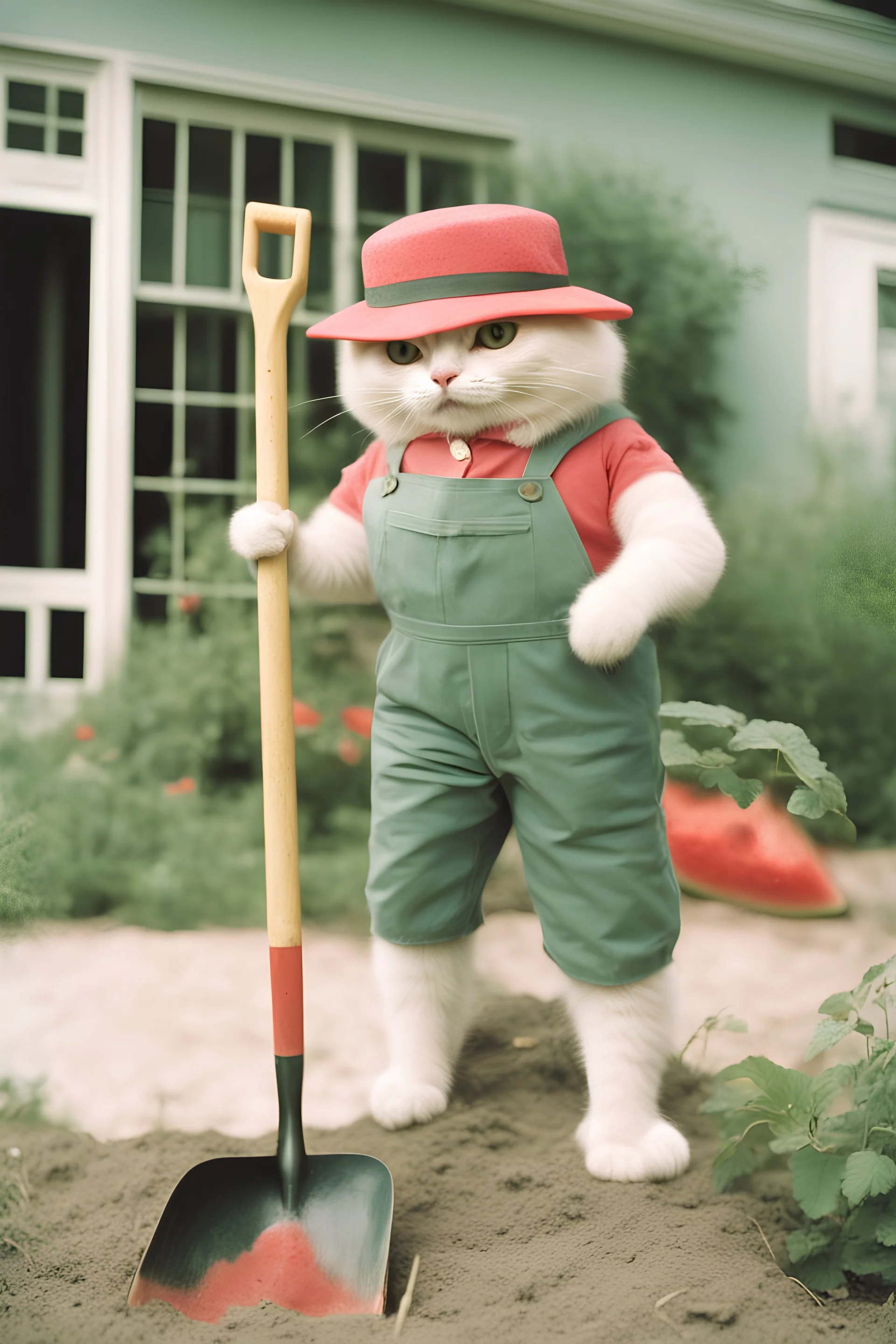 Portrait photo of an anthropomorphic farmer cat holding a shovel in a watermelon garden Kodak UltraMax 400 film photo