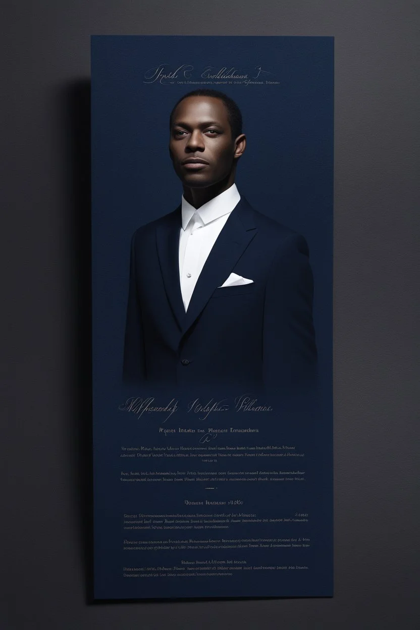 An extremely formal, funeral program for a black man on darkest blue deeply pigmented velvet paper with brilliant, brightest heavy white fonts, simple, minimalistic, less element, very dramatic lighting, detailed, white printers elements,