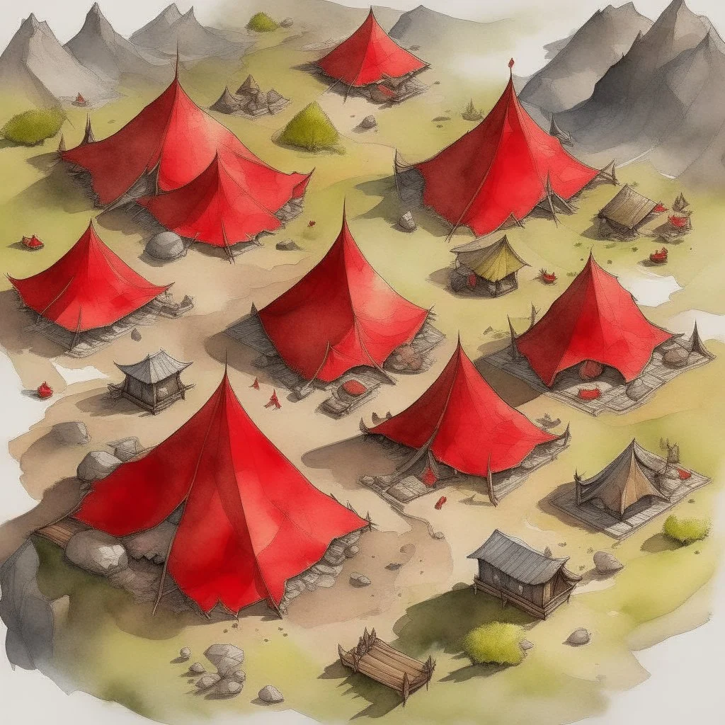 dnd, fantasy, top-down map, map of a large camp, demonic wastes, red, black sand, tents, illustration, watercolour,