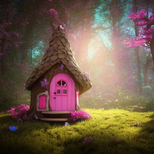 a fairy house pink and blue, in the woods, spring, 8k, flickering light, centered, high-quality, fine-detail, digital art, detailed matte, volumetric lighting, illustration, 3D octane render