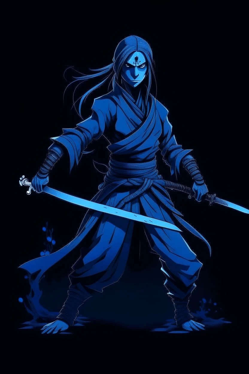female blue ghost wielding a katana in one hand, dark style