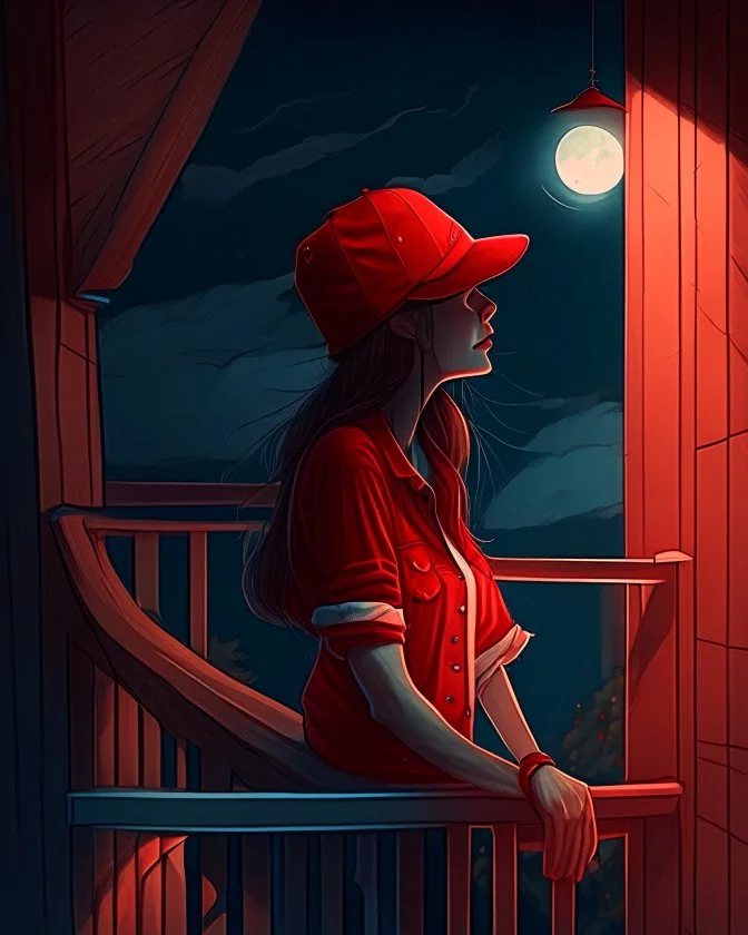 woman with a red baseball hat. leaning on a wooden balcony. night time. fantasy. cartoon. studio lightining.