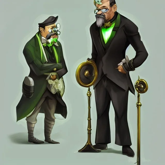 pompous fantasy man with white mustache and monocle standing upright in a black suit and green tie giving counting gold pieces in his hands, epic lighting, stylized character art from artstation, medieval mmorpg artwork, league of legends