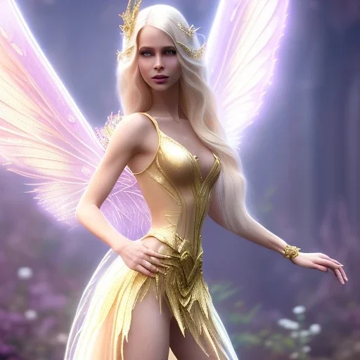 beautiful fairy very etheric, nice smiling, long blond hair, magic glamour pink make up, delicate colors, complete vision of very transparent golden and big wings, beautiful glamour transparent golden dress, ultra sharp focus, 8k, unreal engine 5, extremely sharp detail, light effect, soft light atmosphere, smooth, full of details, face in front, complete vision of face and hair and of the body