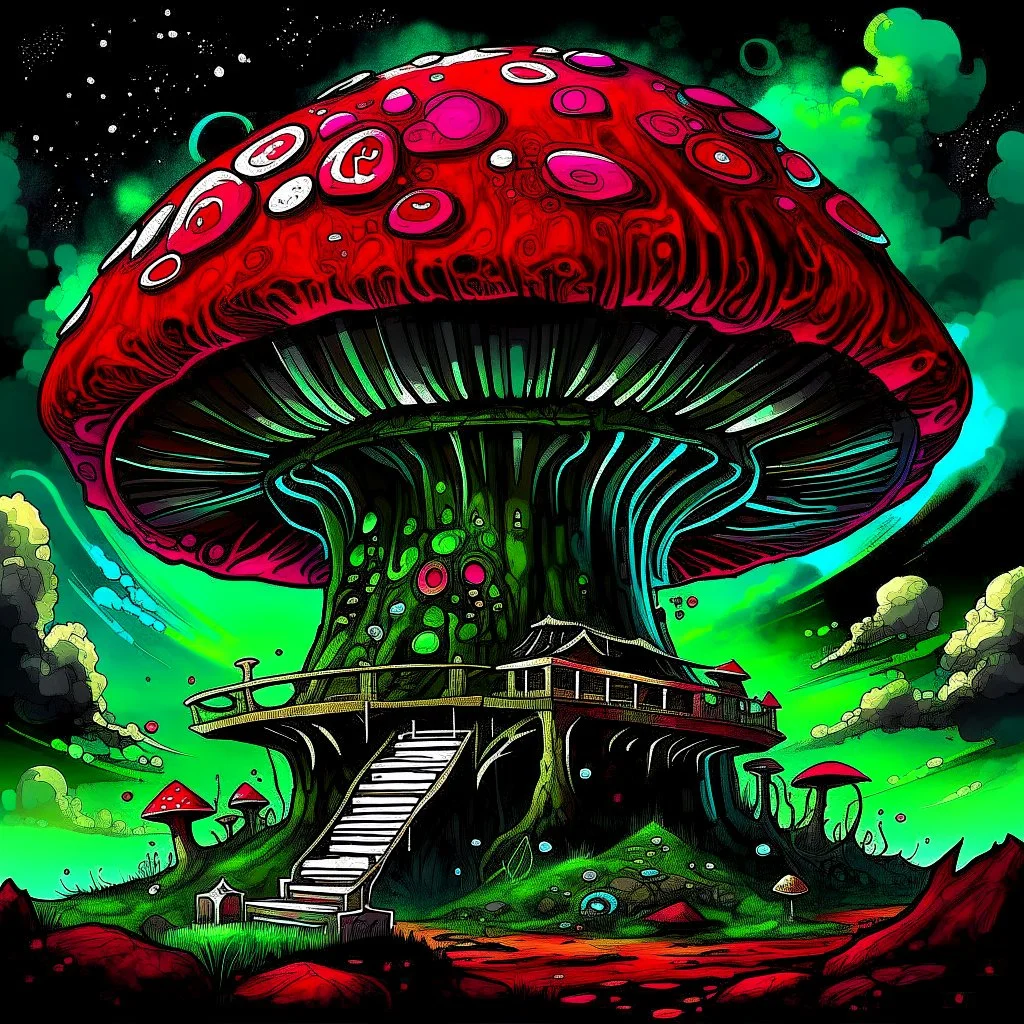 A fantabulous black, green and red (((mushroom tower house))) erected atop a (geologic pillar), surrounded by the uncanny imaginative ((( swirling skies))), offset by the stark hues of a (neon-tinged nebulous space scape), within. captured by the hand a skilled master painter with a focus on (softly blurred compositions and voluminous lighting).