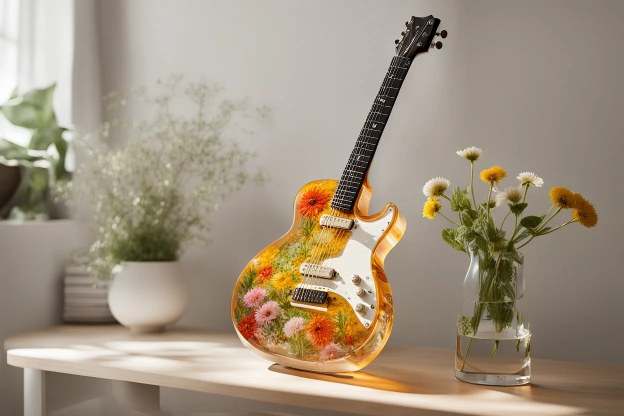 A lovely clear transparent resin guitar with wildflower design in a modern room in sunshine