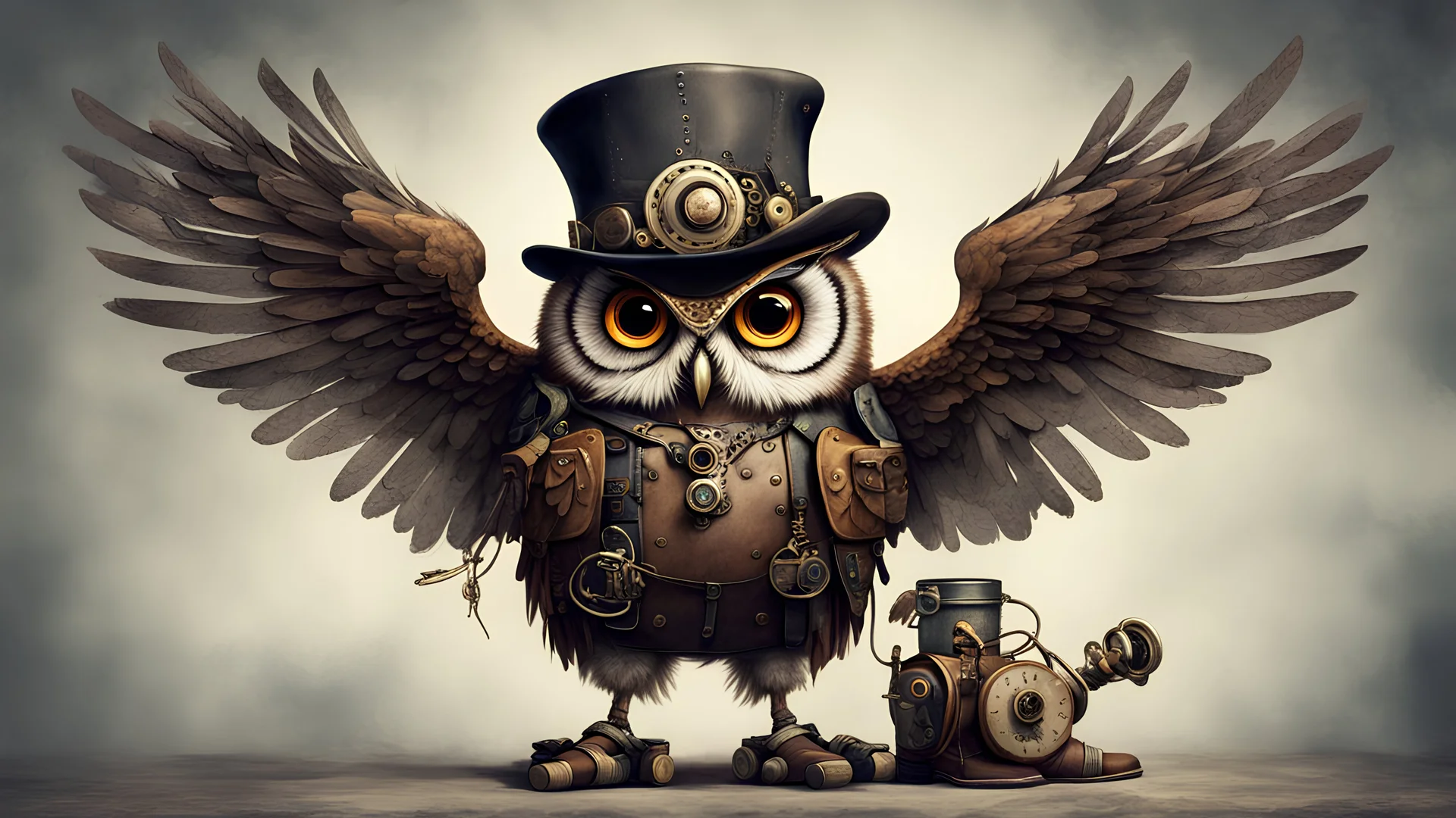 A steampunk owl , in a hat and work boots, fantasy, dreamlike, surrealism, grumpy, mechanic, tools wings spread open