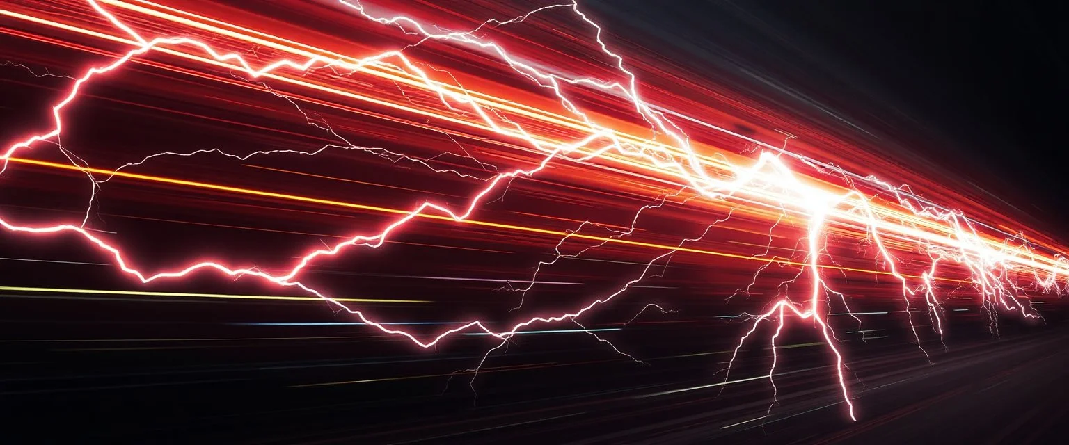 lightning and electricity streaming across composition left to right, behind is a bunch of stripes inspired by modern wrap graphics to convey speed