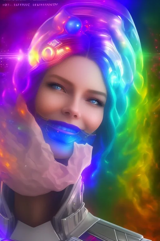 cosmic woman smile, admiral from the future, one fine whole face, crystalline skin, expressive blue eyes,rainbow, smiling lips, very nice smile, costume pleiadian, Beautiful tall woman pleiadian Galactic commander, ship, perfect datailed golden galactic suit, high rank, long blond hair, hand whit five perfect detailed finger, amazing big blue eyes, smilling mouth, high drfinition lips, cosmic happiness, bright colors, blue, pink, gold, jewels, realist, high commander,