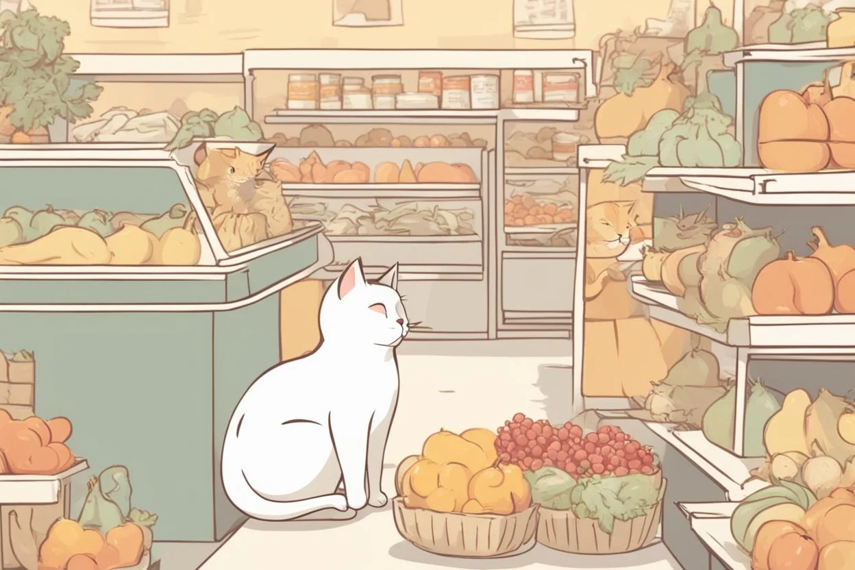 cute contented cat is shopping in a foodstore in sunshine. Food, fruits