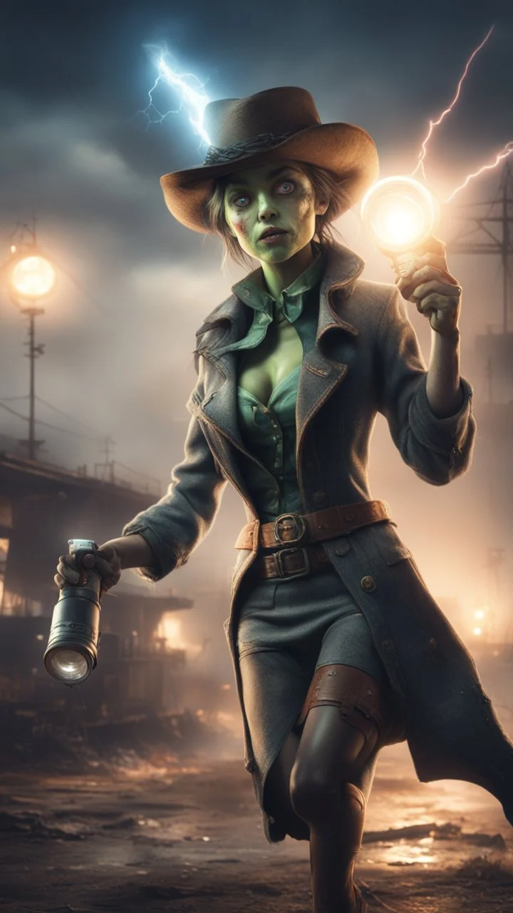 flashy magazine cover illustration, fallout 4 docks setting, horror weird cowboy wizard alien in female garments,holding bright flashlight, getting hit by lightening electric arc, with big disturbed eyes,bokeh like f/0.8, tilt-shift lens 8k, high detail, smooth render, down-light, unreal engine, prize winning