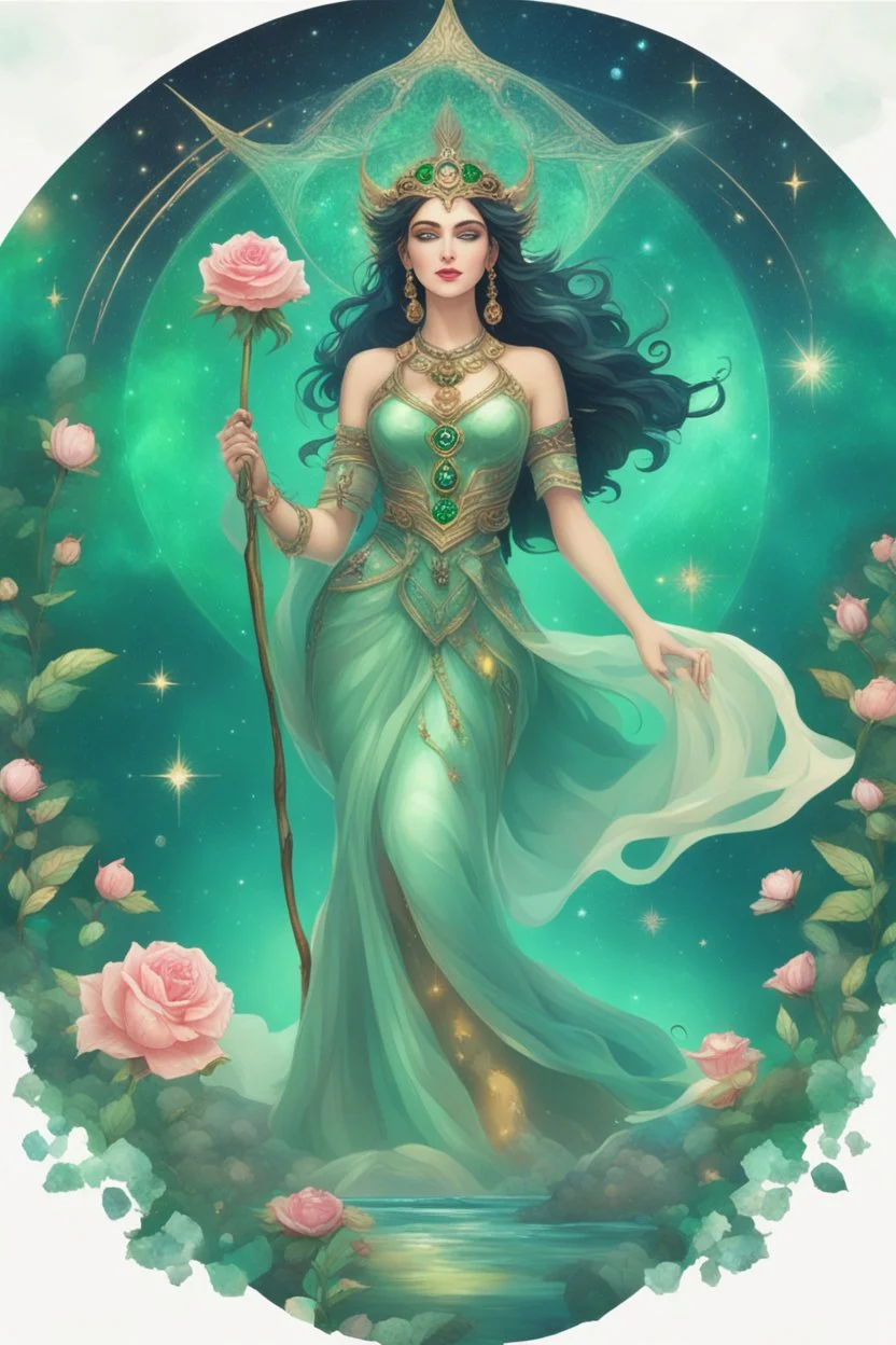 The beautiful goddess of healing and well-being stands on a land of pure water embellished with emeralds. And glass rose trees. And a name. Colored with stars and planets