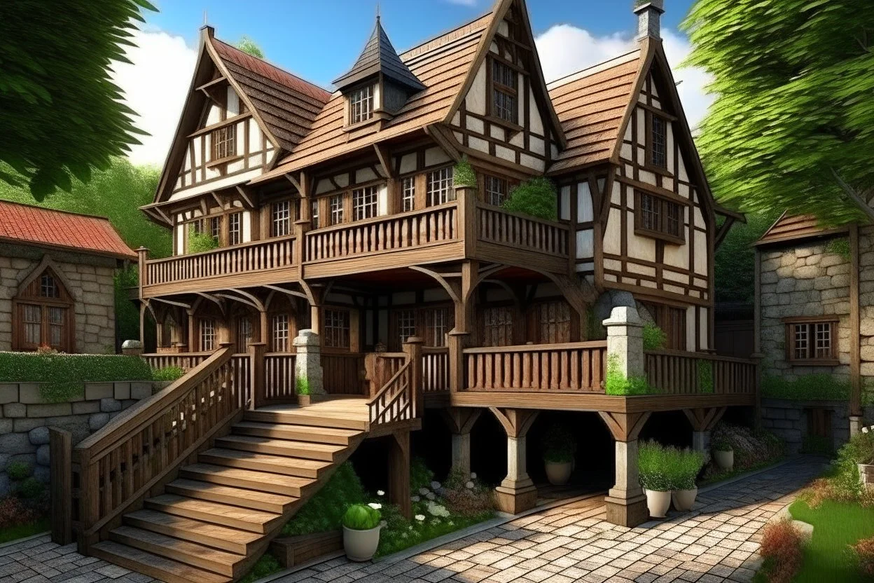 large medieval gothic, wooden inn, with a balcony, next to a sloping, cobbled road, in a wood, dense foliage, photo-realistic