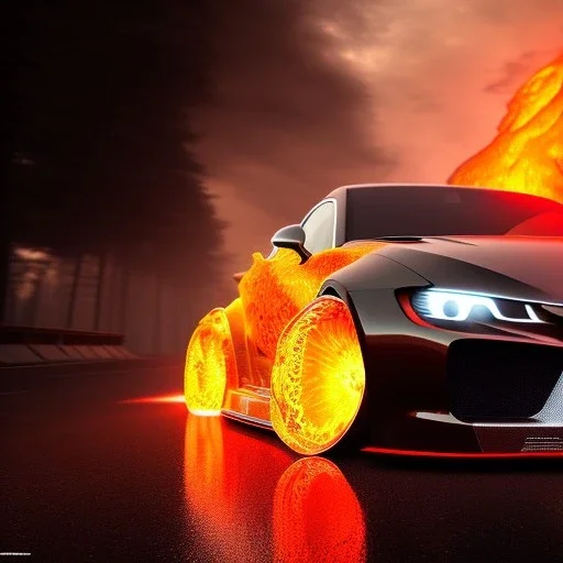 sweeping view of detailed phong shaded rendering of a car made of molten lava, headlights, bumpers, whole car