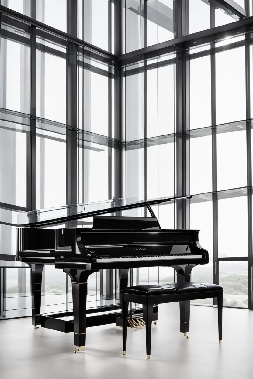 An innovative, award-winning, fully transparent piano design. The piano is tall, made of polished polycarbonate, showcasing all its intricate mechanical components visibly. The design highlights its modern elegance, with sleek lines and a minimalistic approach, emphasizing the beauty of its transparent structure and the complexity of its inner workings. The piano stands gracefully in a well-lit, contemporary setting, casting soft reflections on the floor, symbolizing the fusion of art and techno