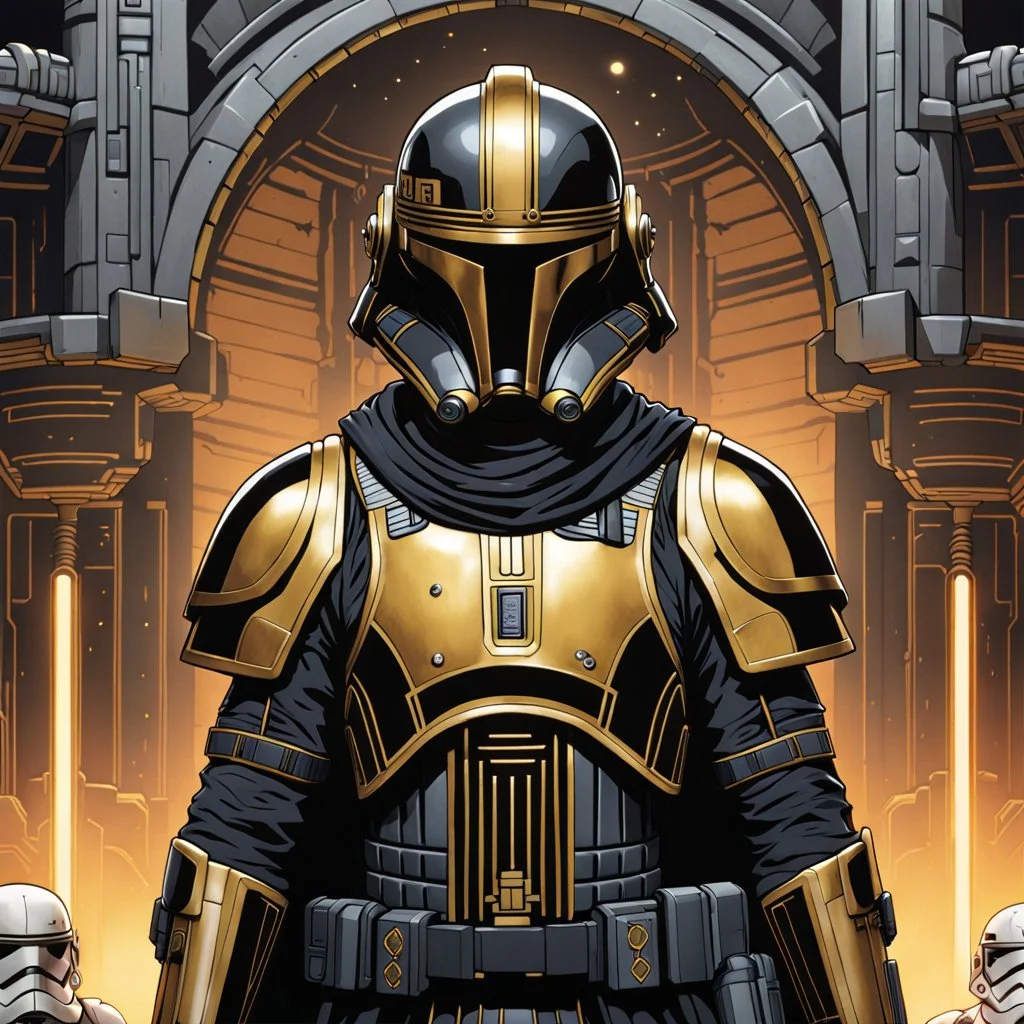 star wars bald male corellian pilot wearing pearlescent black and gunmetal grey First Order special forces heavy assault stealth commando armor and helmet with gold trim inside the jedi temple, hyperdetailed, dynamic lighting, hyperdetailed background, 8k resolution, volumetric lighting, light skin, fully symmetric details