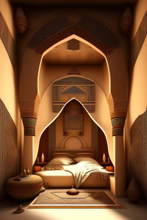 An Egyptian bedroom with arches, a big bed, cushions, rugs, lamps