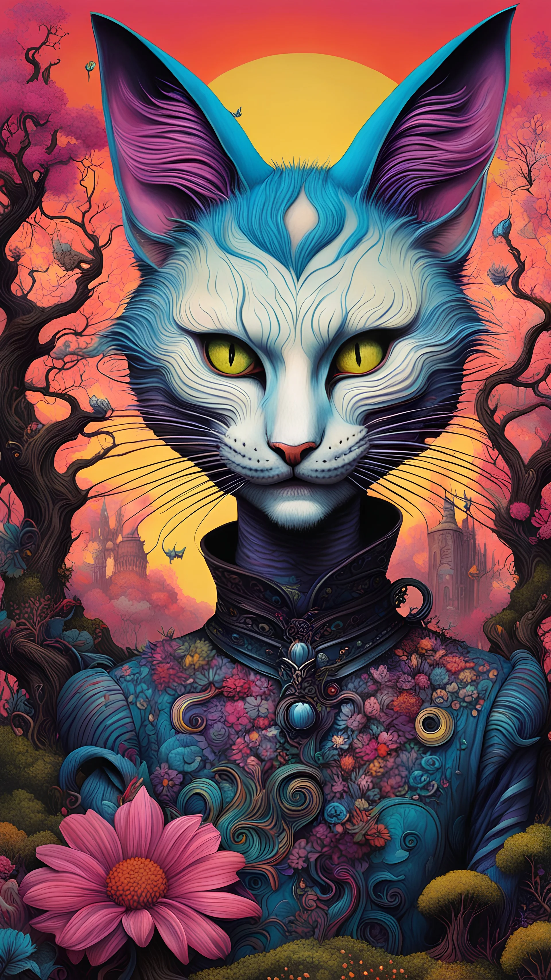 full body ink oil portrait of Tilda Swinton as an Evil Cheshire Cat , in a surreal Wonderland landscape with trees of strange shapes, and flowers of all kinds in the style of Max Ernst, Yves Tanguy, Zdzislaw Beksinski, and Ravi Zupa, highly detailed hair and facial features, in vibrant chromatic colors