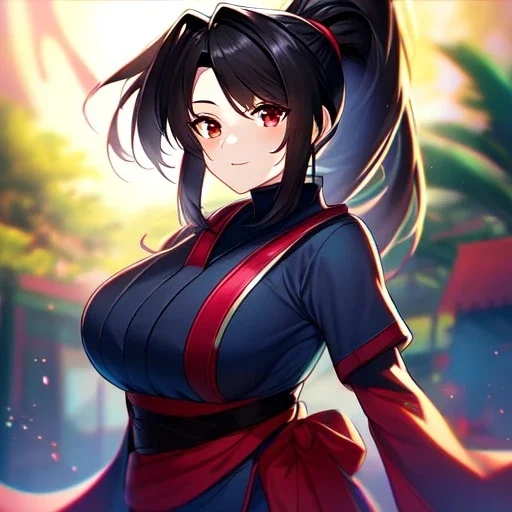 Clear focus, 8k, beautiful lighting, vibrant colors, girl, black hair, red eyes, ponytail, ninja outfit,