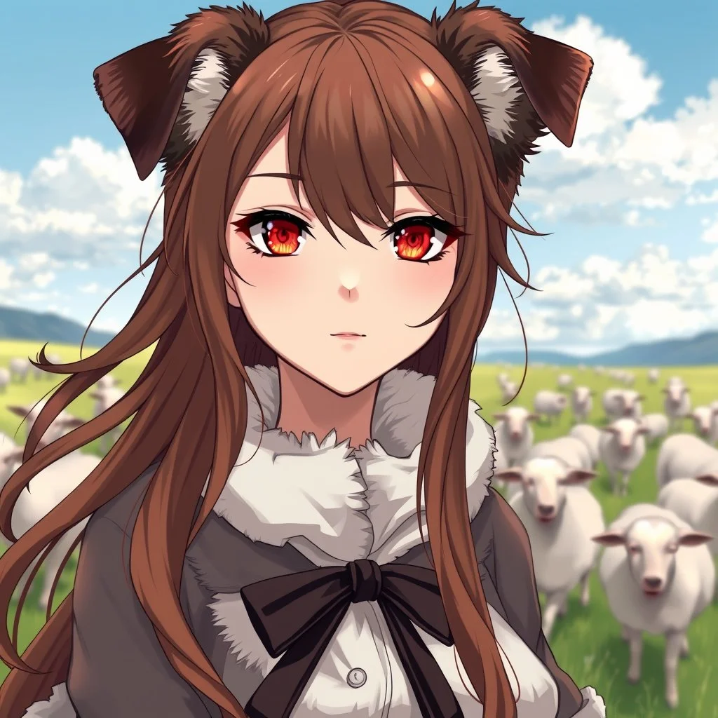 intricate details, an arrogant, confident young woman with long brown hair, red eyes, pale skin, Australian shepherd dog ears and tail, anime style, sheep in a field for the background, intricately detailed, cell shaded