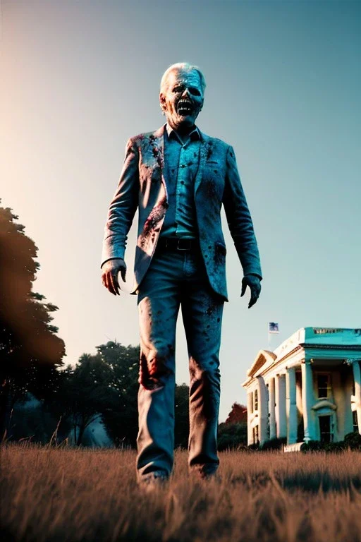 Ultra realistic image, joe biden zombie, zombie performance, blood, torn arm, night, walking twisted, waist up view, walking dead style, dark ambient, highly detailed, White House background, concept art, unreal engine 5, god rays, ray tracing, RTX, lumen lighting, ultra detail, volumetric lighting, 3d, finely drawn, high definition, high resolution.