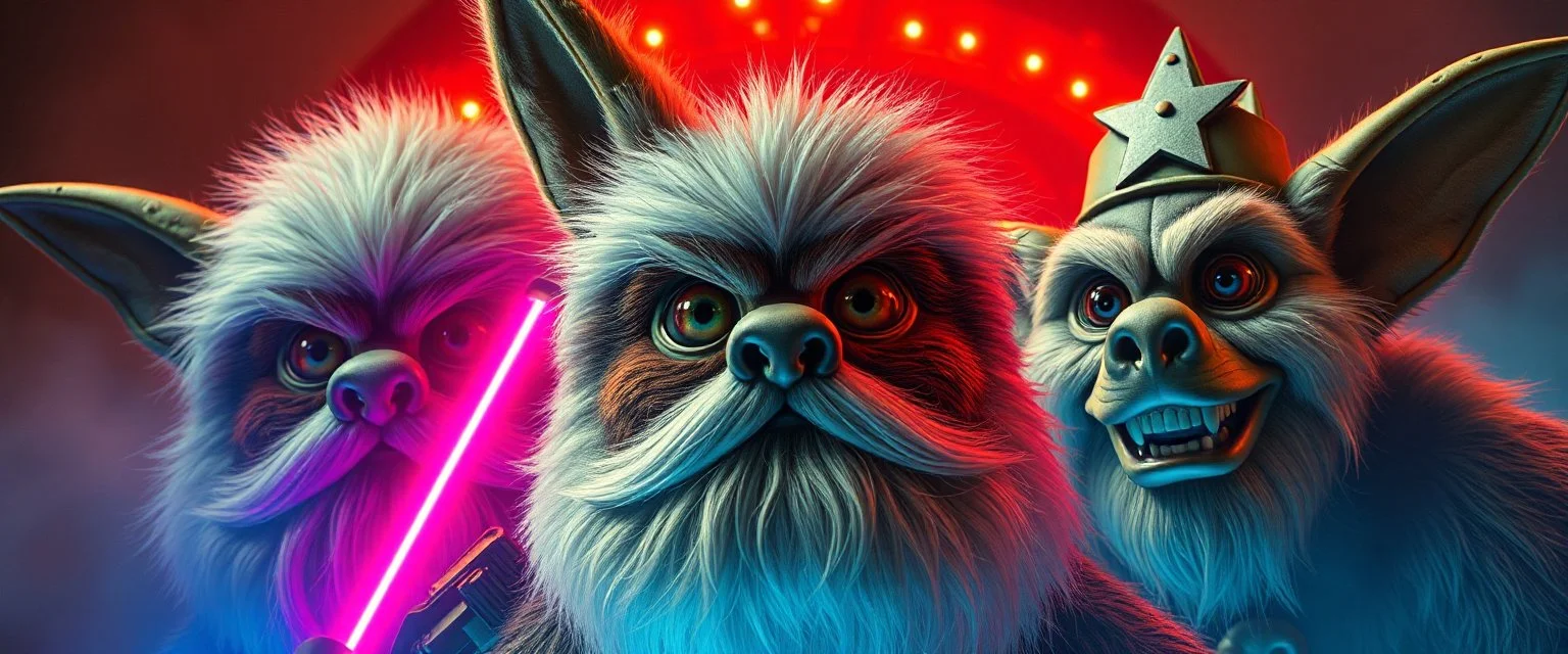 volume fog light, hyper real close up on fluffy beard faces of rock alien cricket coyote priest gremlin grandma general with hi tech transcendent lazer plasma blaster arsenal from hell, guarding bridge up to space saucer neon plastic transparent, movie poster