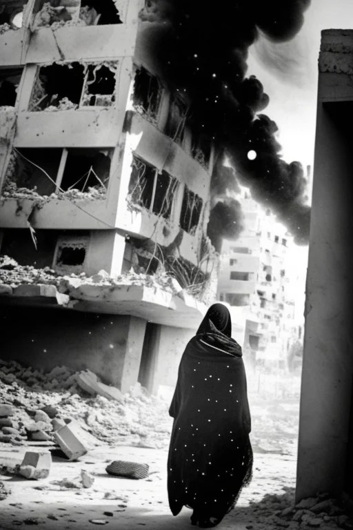 Palestinian woman , Carrying a small girl ,at winter , Destroyed Buildings , with a Explosions, at night