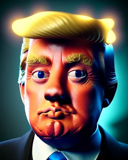 Realistic Waist up Portrait, Donald trump muppet, retro style, photo studio, unreal engine 5, god lights, ray tracing, RTX, lumen lighting, ultra detail, volumetric lighting, 3d.