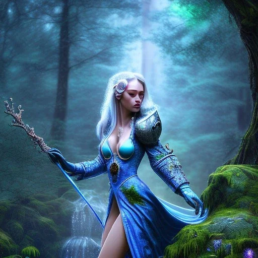 crazy detail, magical forest background, waterfall, blue but cloudy skies,the upper body of grand sleazy lady wearing soft robes and gloves,dark stone statue, lively eyes,hidden hands, framed by foliage, runes on dices, warm light, holding up scroll