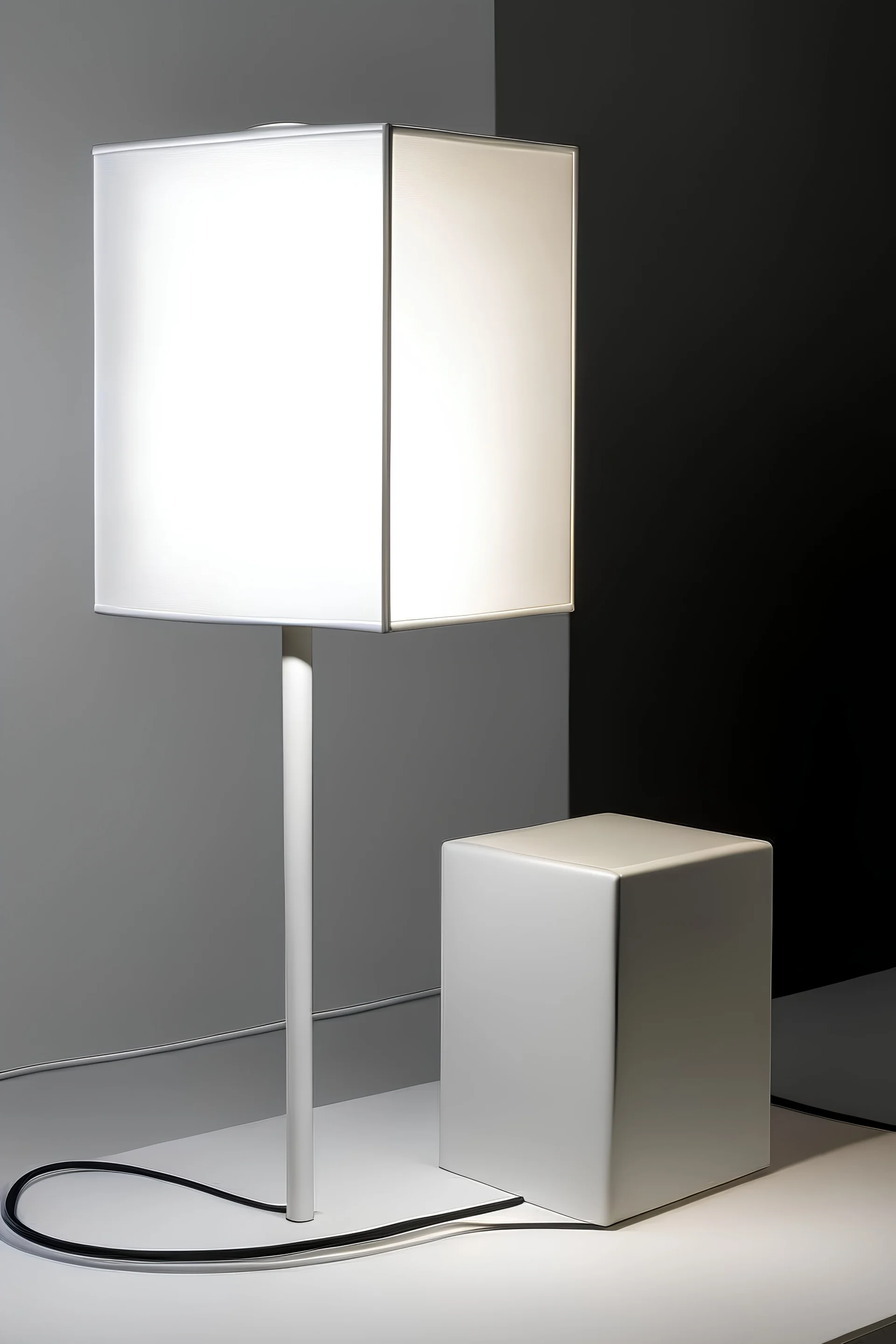 Neural lamp with a plaster base lamprod and a white oversized cube lampshade