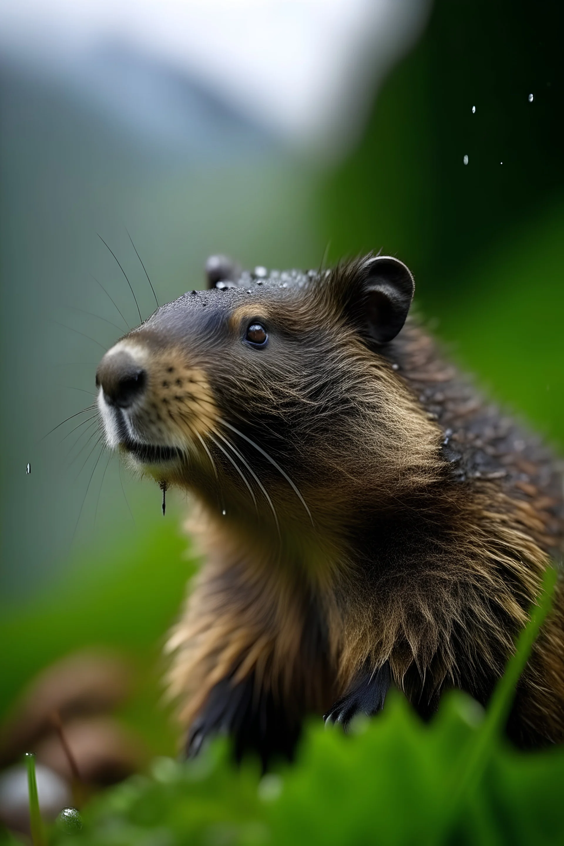 Hai davanti una marmotta coraggiosa che si trova sotto una pioggia torrenziale. Indossa un impermeabile per proteggersi dall’acqua che cade incessantemente. Le gocce di pioggia creano piccoli rivoli sul suo pelo, ma la marmotta rimane imperturbabile, con gli occhi fissi verso l’orizzonte