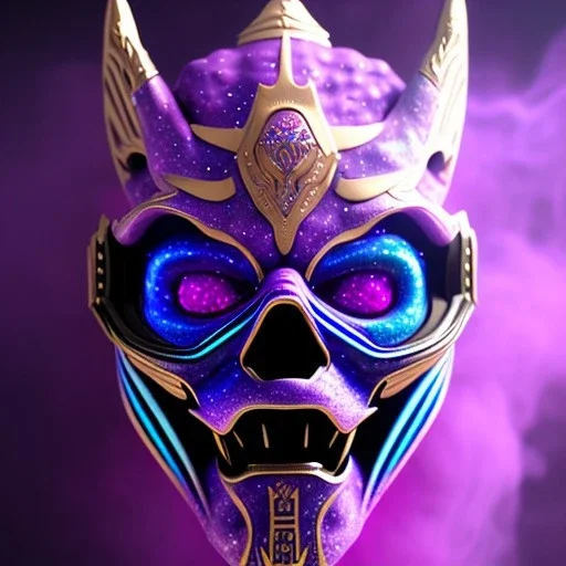 oni purple mask in galaxy, teal and purple smoke, detailed, realistic, 4k