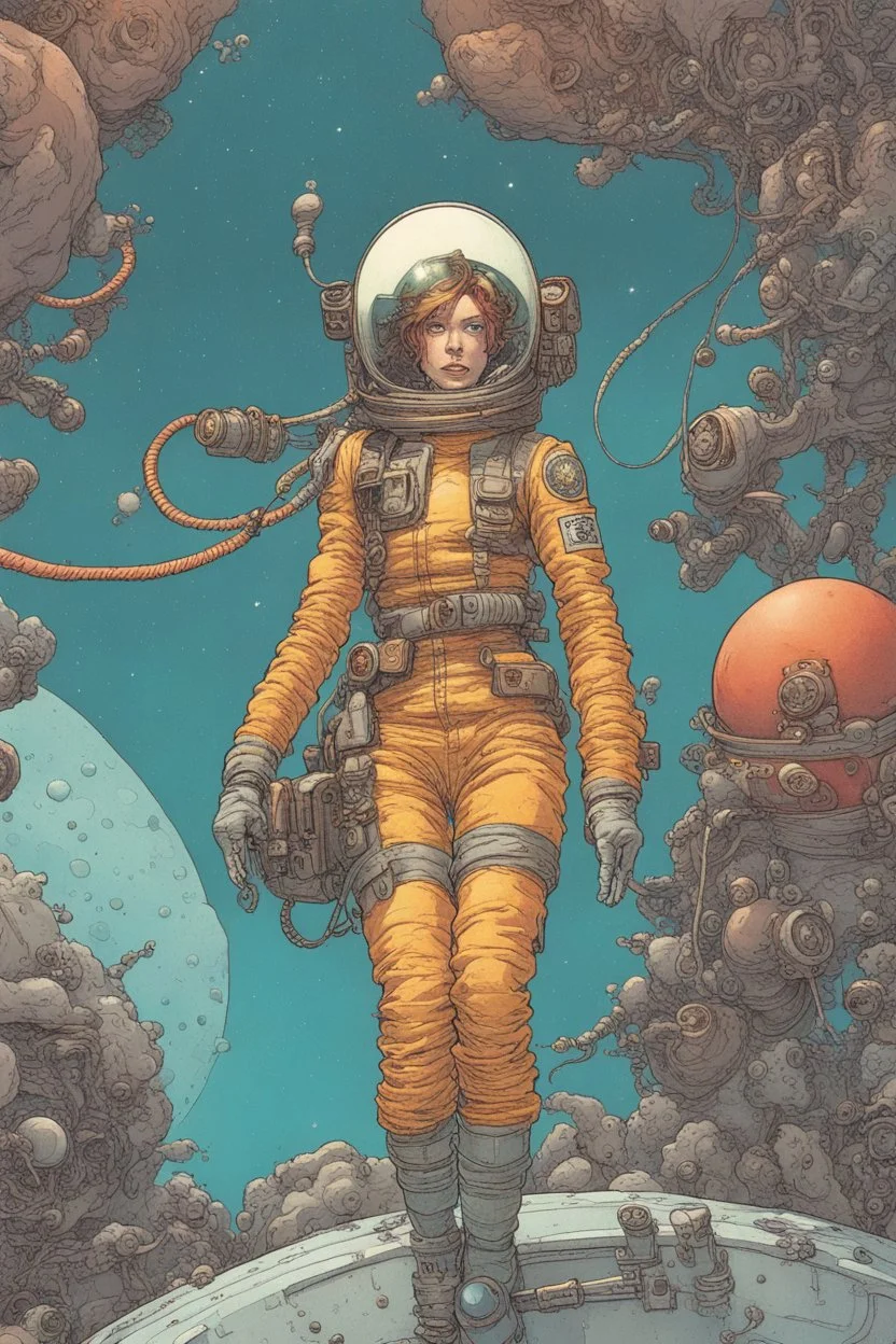 a starship pirate punk female captain in a deep-space diving suit, colorful , floating into the insane and confusing universe of the Angelarium colorful by Hergé, François Schuiten, Ivan Bilibin, Katsuya Terada, Mike Mignola, Paul Pope