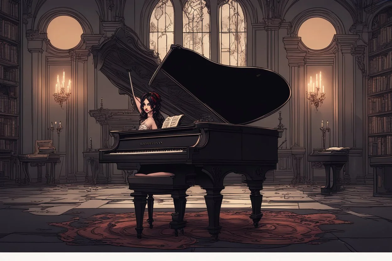 scarred cyberpunk vampire girl with tribal tattoos short curly dark cyberpunk hair playing a grand piano in the library of a decaying gothic mansion at midnight