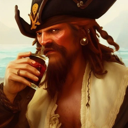 close up of an old pirate drinking rum, deep focus, d & d, fantasy, intricate, elegant, highly detailed, hyperphotography, artstation, concept art, matte, sharp focus, illustration, hearthstone, art by artgerm and greg rutkowski and alphonse mucha centered.