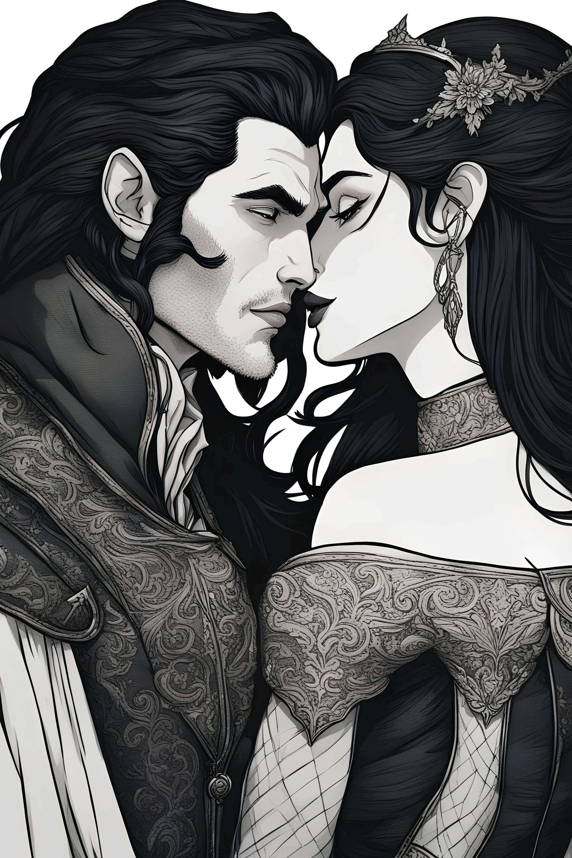@Selene A couple from the dnd game curse of Strahd about to kiss, fantasy style art, full color. She has long black hair that is wavy, and full lips. She is wearing an off the shoulder gown and is curvy and fuller figure. Strahd has black hair and white skin, and waring all black. very passionate. They are in a black castle.