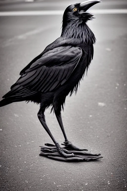 One single mature homeless crow with worn out clothes, sitting in a corner on the street, guitar standing on the left side, Vienna, mourning, perfect iris, model style, hyper realistic, extremely accurate, delicate, extremely detailed, Graphic novel style, wide-angle, open aperture, superfine pencil