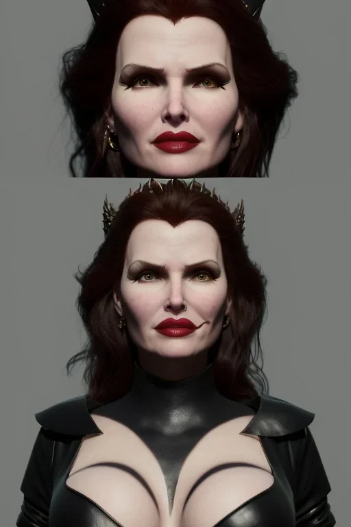 Geena Davis as evil queen in black leather, leather, busty, cleavage, angry, rage, stern look. character design by cory loftis, fenghua zhong, ryohei hase, ismail inceoglu and ruan jia. unreal engine 5, artistic lighting, highly detailed, photorealistic, fantasy