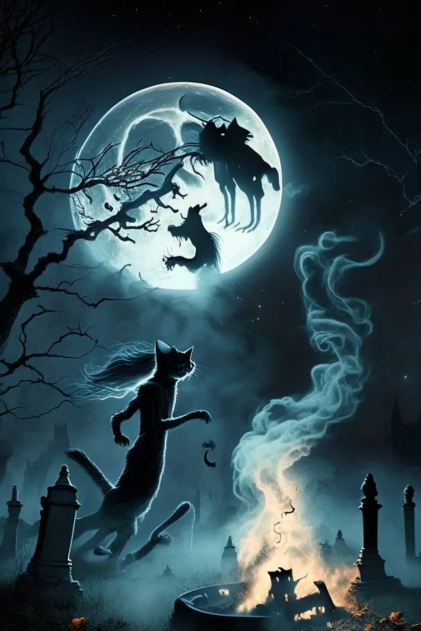 A black cat, running through smoke, in a graveyard, with a full moon in the background, and a witch casting a spell