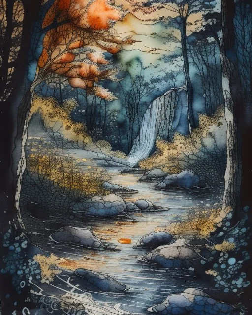 Perchance : Surreal, expressive nature sketch in a relaxed watercolor and ink style. Fast, shaky black ink contour lines with frequent breaks, intersections, and varying thickness. Watercolor washes of ochre, terracotta and powder blue are loosely applied, often deliberately misaligned with ink borders to create a sense of movement. Visible cold pressed paper texture and ample white space. Subject: forest detail, trees, undergrowth, stream with rocks, waterfall. Deep, atmospheric shadows in the