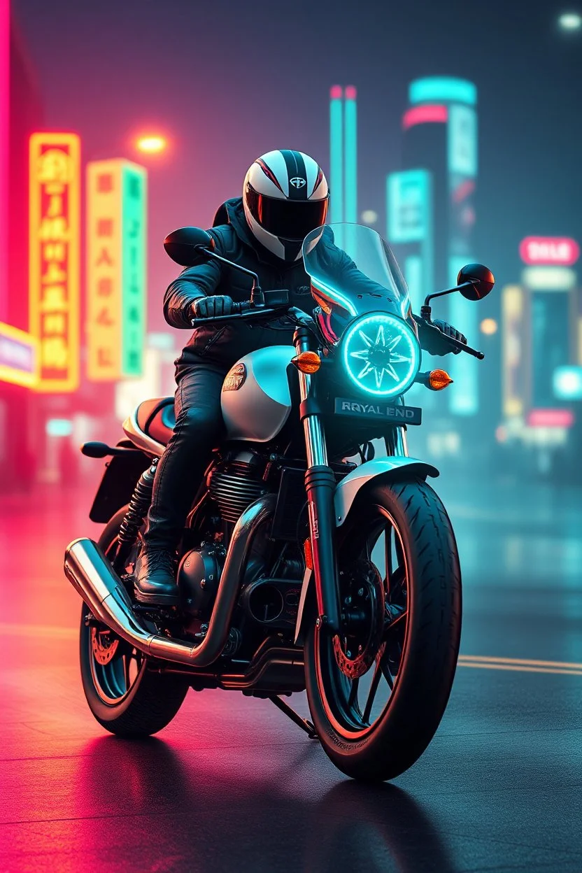 Design a futuristic Royal Enfield high technology design in the year 3025, future world,high technology fusion,hover bike,inspired by Syd Mead’s visionary style. futuristic elements with a high-tech, neon cyberpunk aesthetic. 1 man rider,lost neon city bgเส้นการเคลื่อนไหว, เส้นความเร็ว, ความลึกของระยะชัด, 32k , hyper resolution, hyper detailed, dynamic pose action ภาพยนตร์,