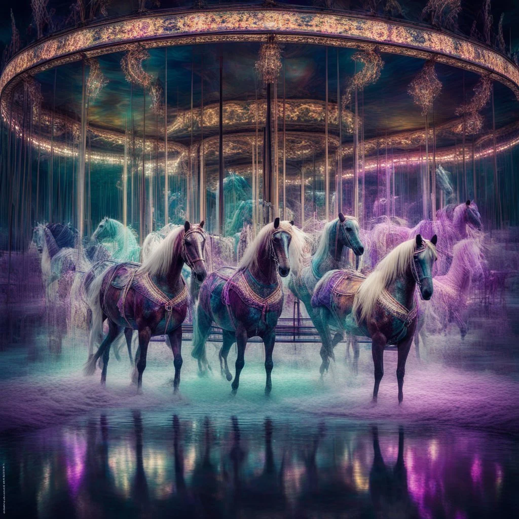 A hauntingly beautiful and enigmatic photograph encapsulating the abstract concept of 'Ripples of a forgotten memory'. Features a vintage carousel with horses frozen in motion against swirling colors, double exposure with ultraviolet datamoshing for a glitchy dreamlike effect, and ethereal Matrix-like vertical dots and dashes rippling and distorting, reflecting the unpredictable nature of memories. The surreal, vertically-oriented photograph evokes profound longing, nostalgia, and melancholy