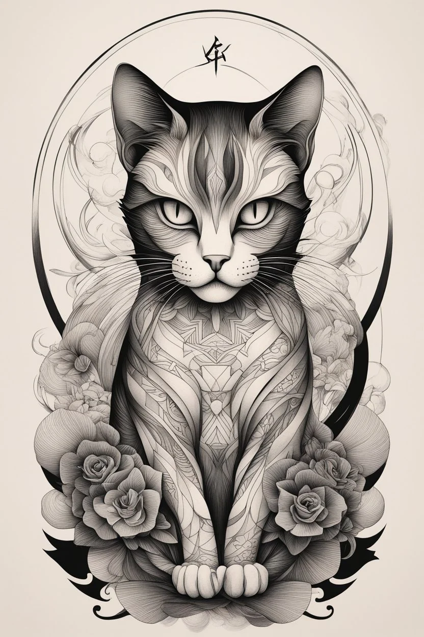 Create a captivating modern 2d ink tattoo design for print , prestigious Divine Cat using the elegant influences of japan art style, for print, dynamic elements from fashion and design, and bold Japanese contemporary art aesthetics, framing centered in the center, distanced from the edges of the paper perimeter, perfect anatomy, bauhaus, Divine Proportion,