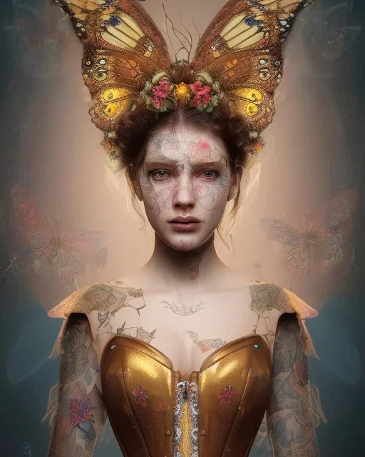 upper bust portrait, the queen of butterflies, corset, intricate metal work flower crown, butterfly wings on back, flower tattoos, 8k resolution concept art, dynamic lighting, intricately detailed, hyperdetailed, beautiful, ethereal, elegant, golden hour, (butterfly), gothic