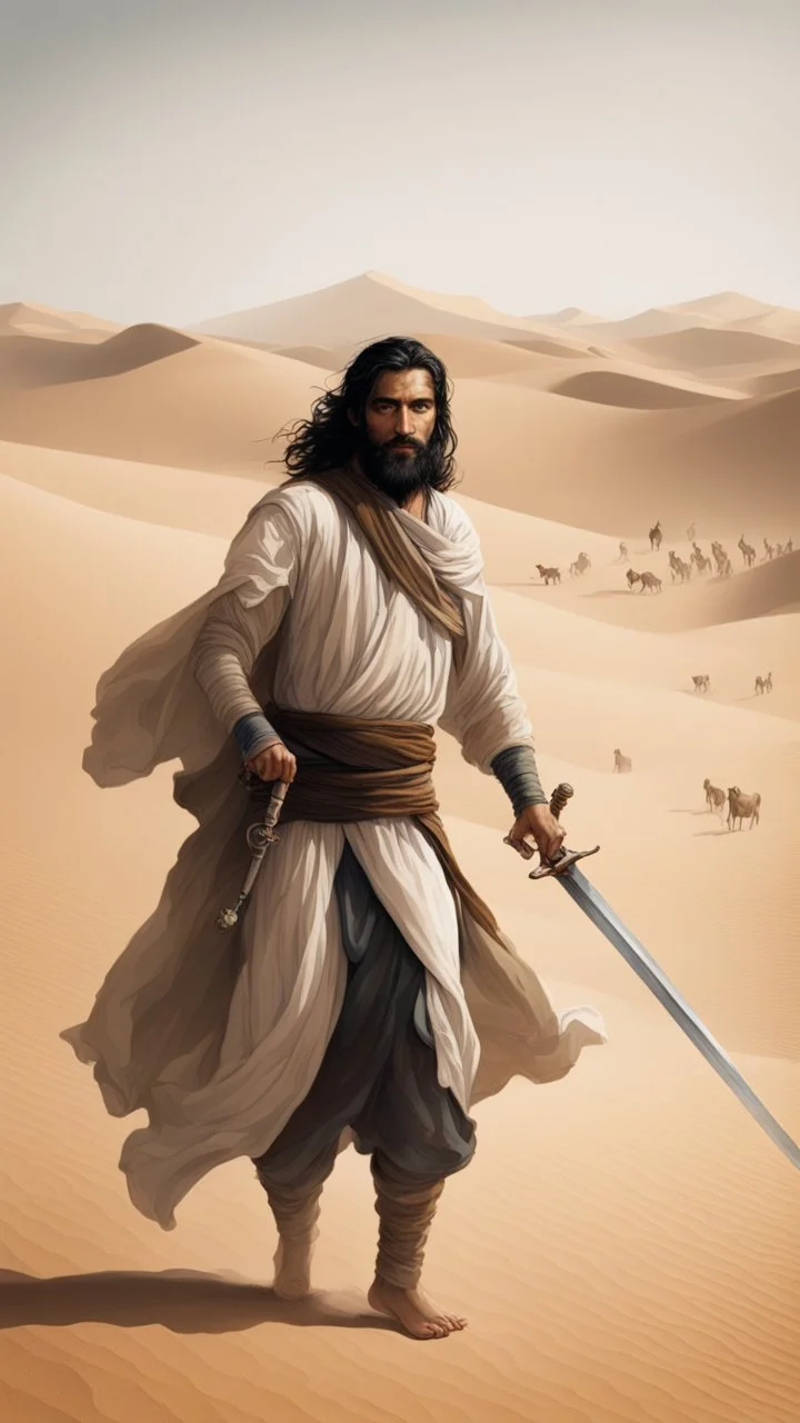 A picture of a man, in the desert, in old Arab dress, protecting a group of people behind his back, with black hair, a light beard, and carrying a sword.