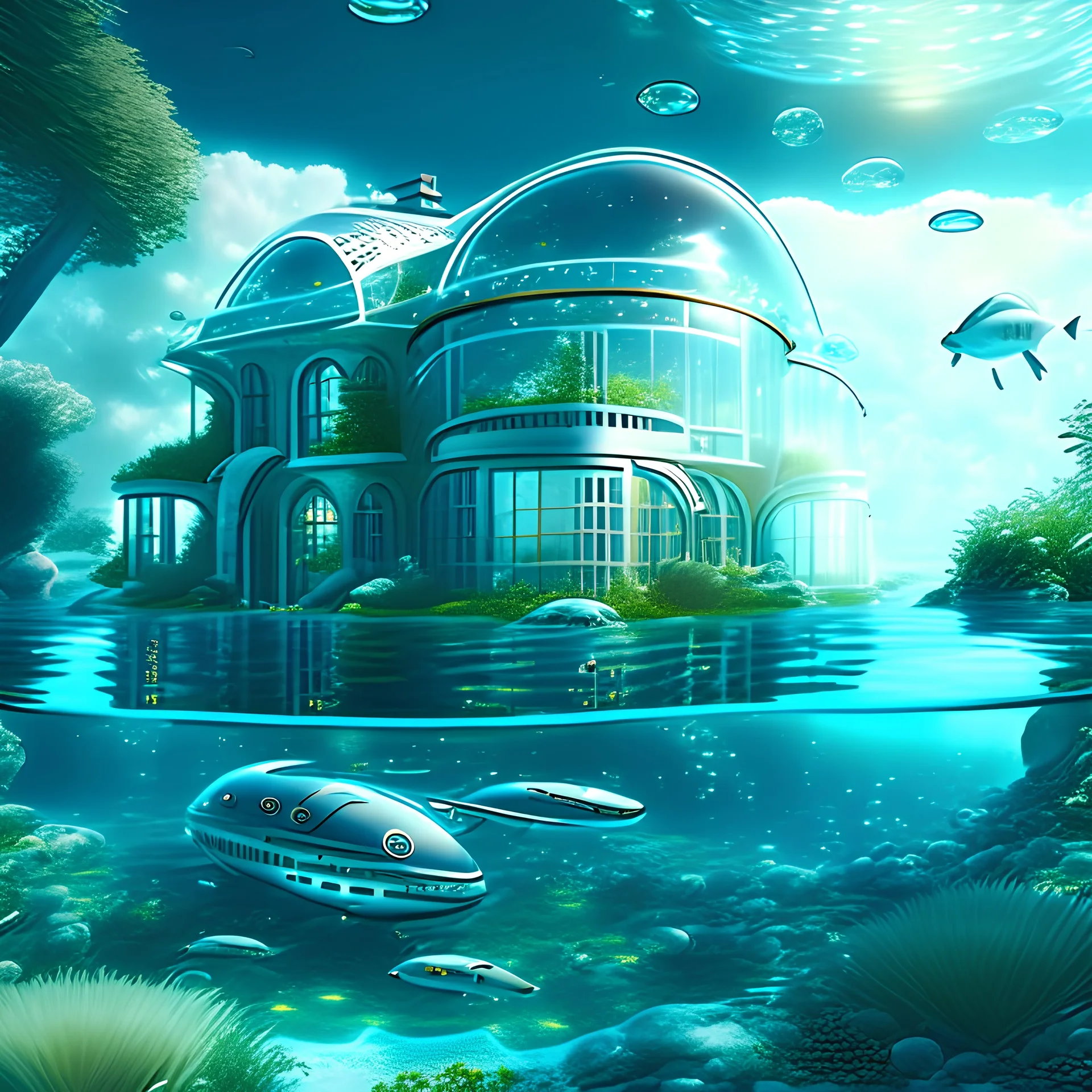 Country house under crystal clear water futuristic science fiction hyper-realistic 8k detailed