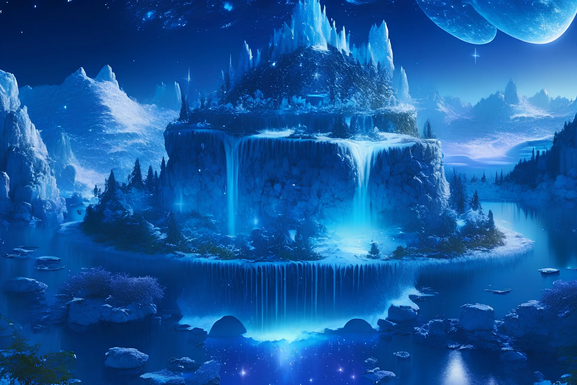 Mystical floating island with a lush garden, ancient ruins, and a cascading waterfall, under a starry twilight sky.A small frozen crystal blue lake centered around snowy mountains, high resolution, realistic, beautiful, volumetric lighting, colorful, masterpiece, crystalline, strong blue color, detailed, aerial view, 8K, intricate details, cyberpunk, cosmic