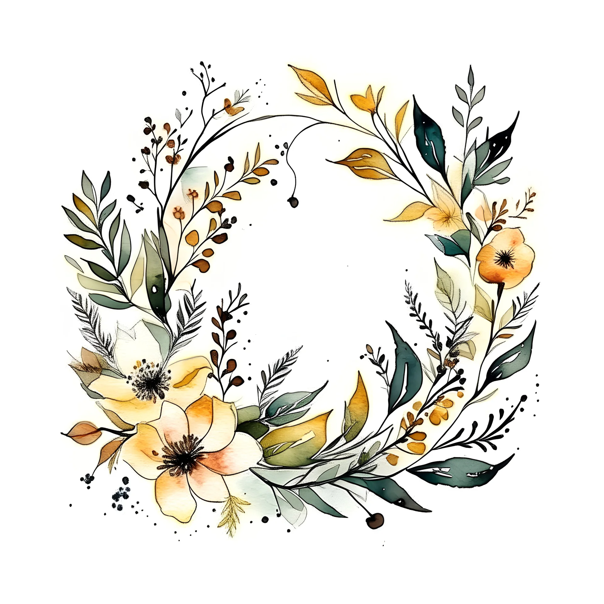 Minimal watercolor flower wreath with botanical details inwhite background. The wreath has black ink details and watercolor splashes.