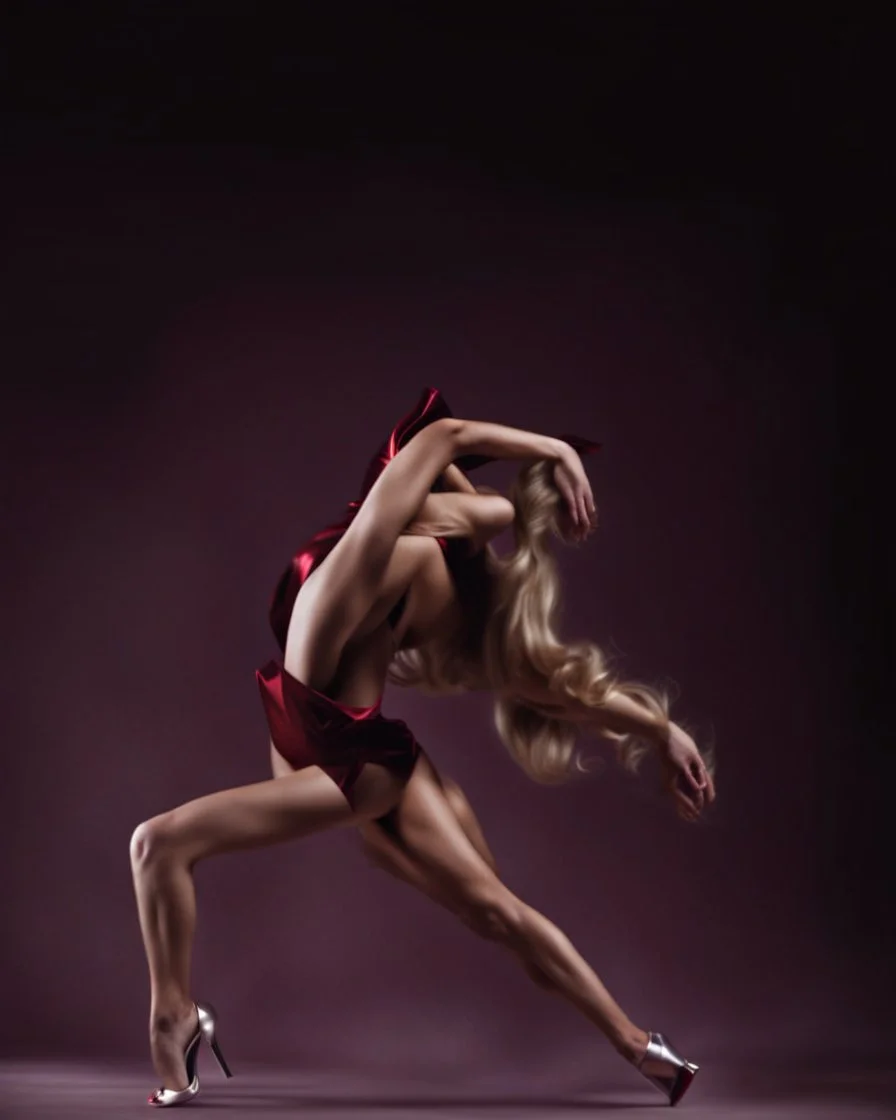 A stunning blonde goddess in fashion, her glossy red dress