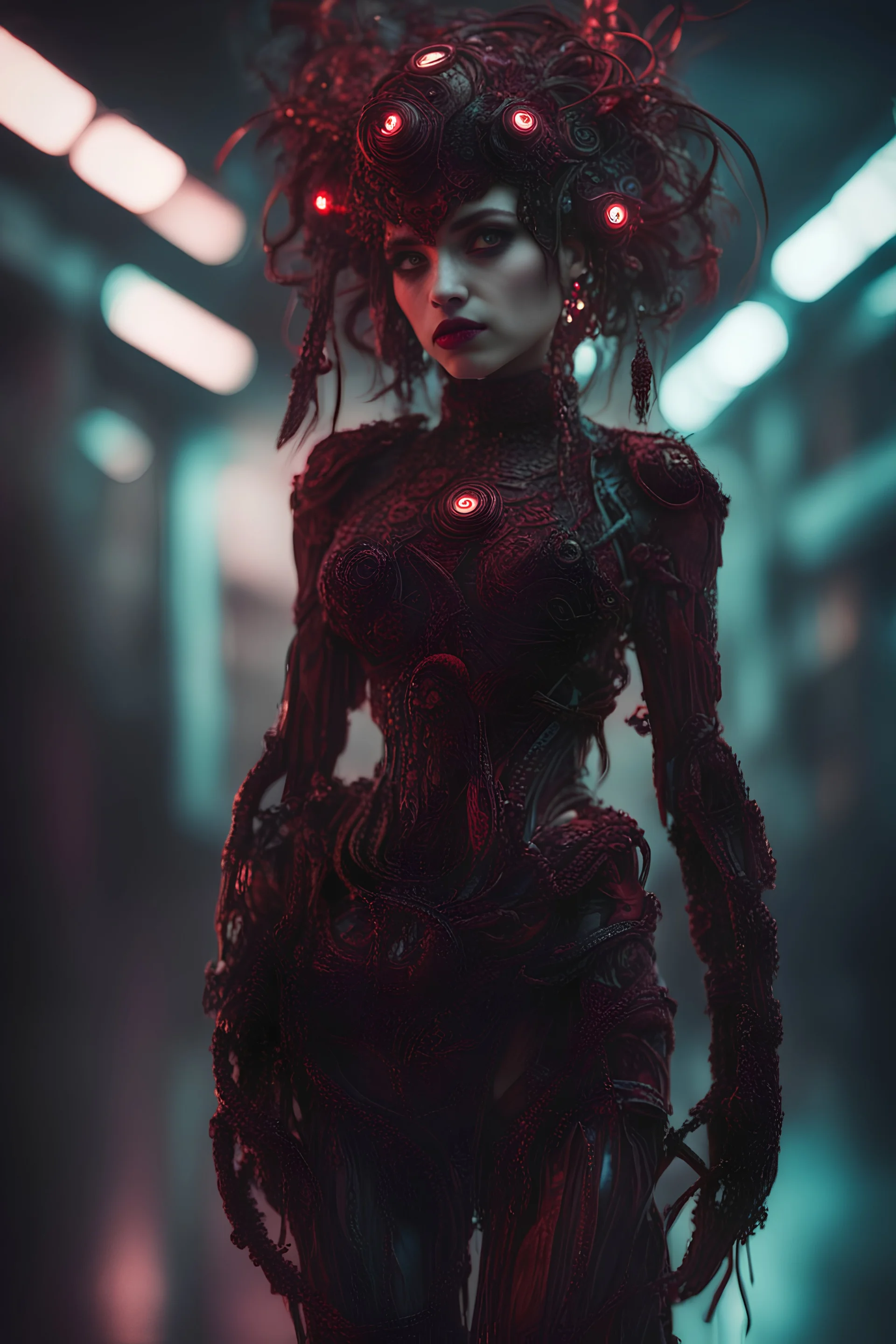 full body, enchanted punk girl, intricately detailed, eyes cybernetic, eyes holographic, darkred tones, 8k, macro photography, high lighting, intricate,